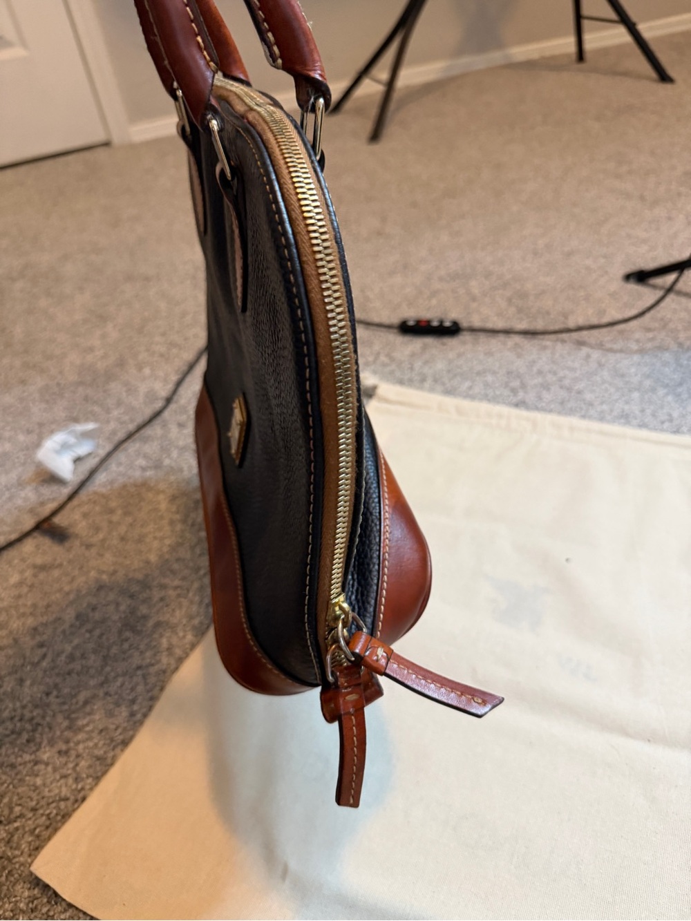 Dooney & Bourke Black and Brown Pebbled Leather Dome Satchel - Picture 6 of 16